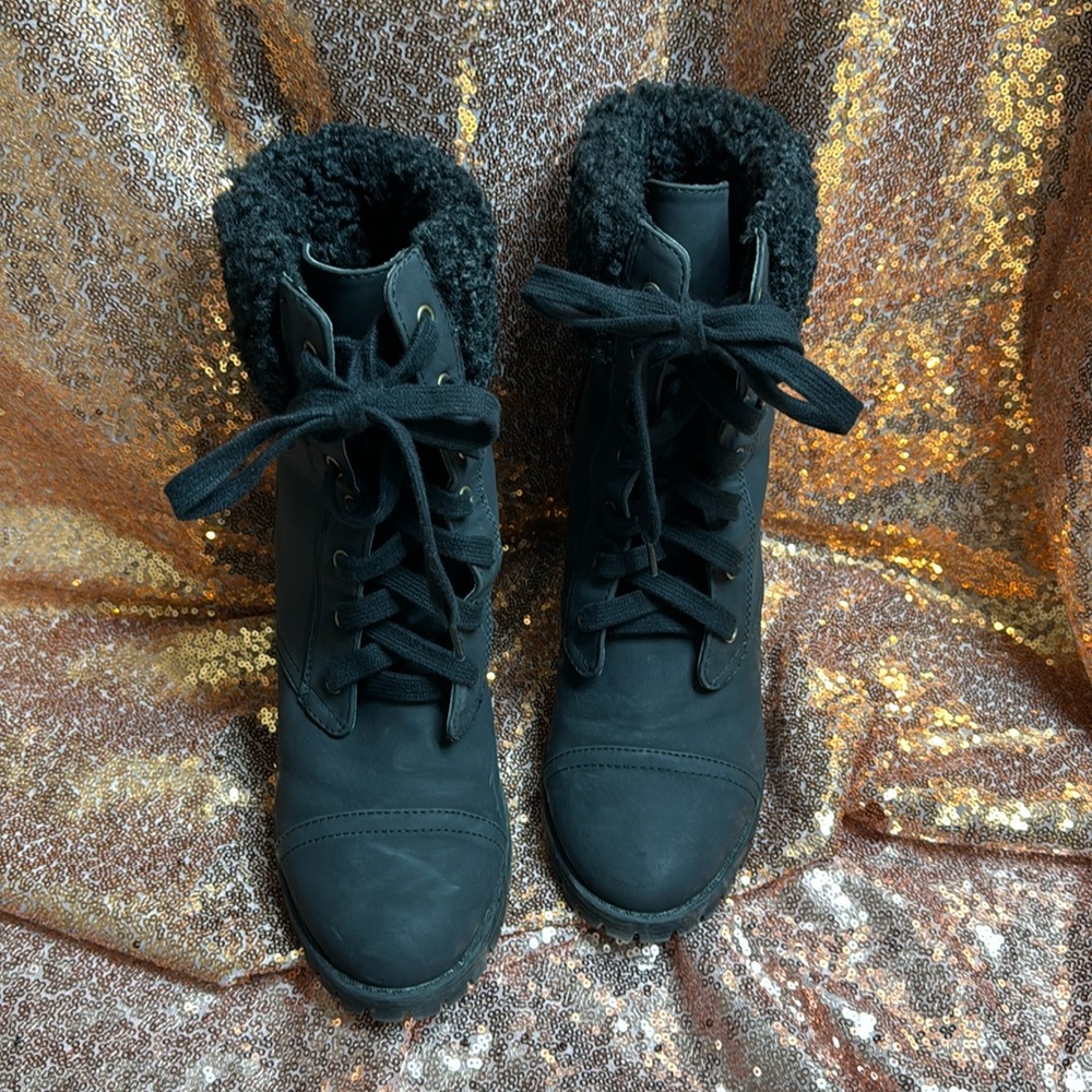 Furry top heeled combat boots